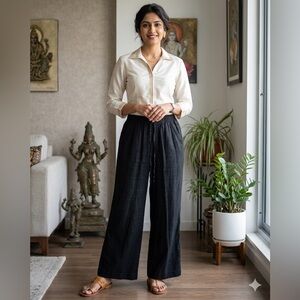 Elegant Boho Chic Cabincore Black Wide-Leg Linen Elastic Waistband Pants